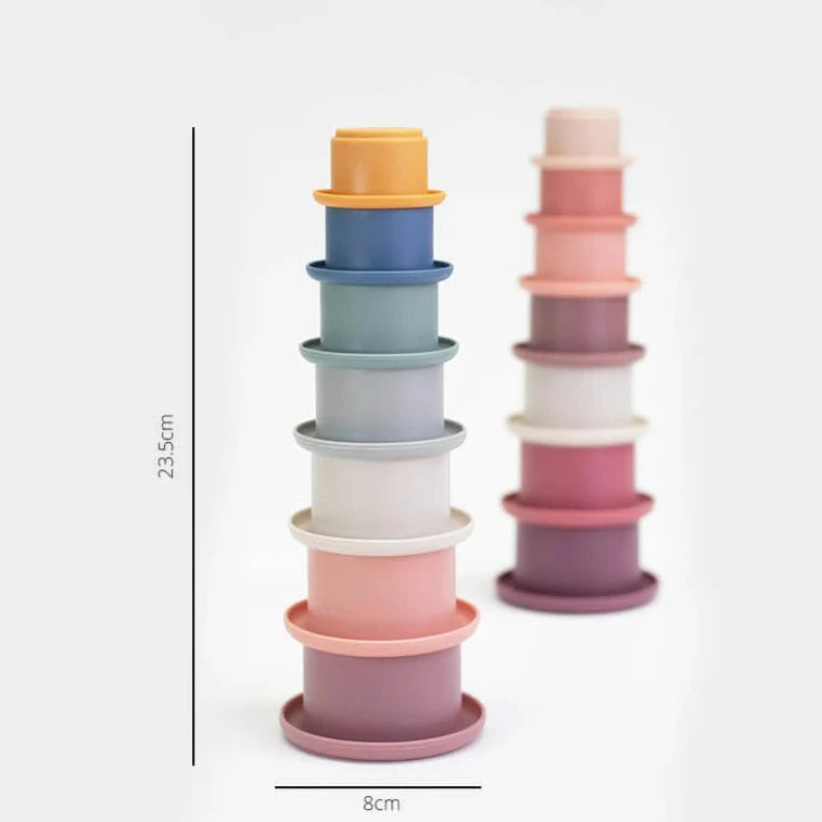 Montessori style silicone stacking cups from Cherub Baby stacked